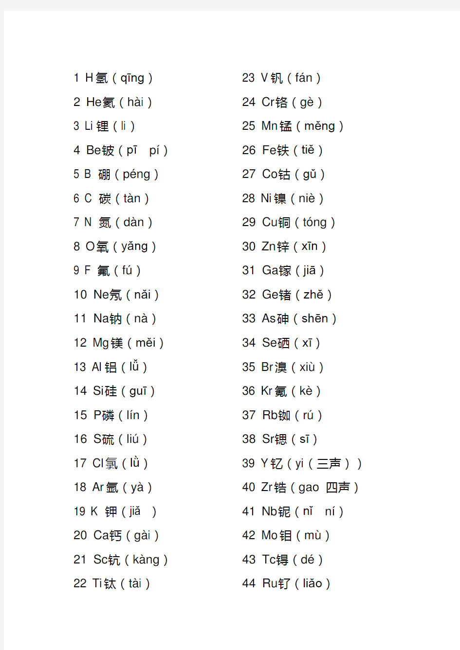 化学元素拼音及读法 