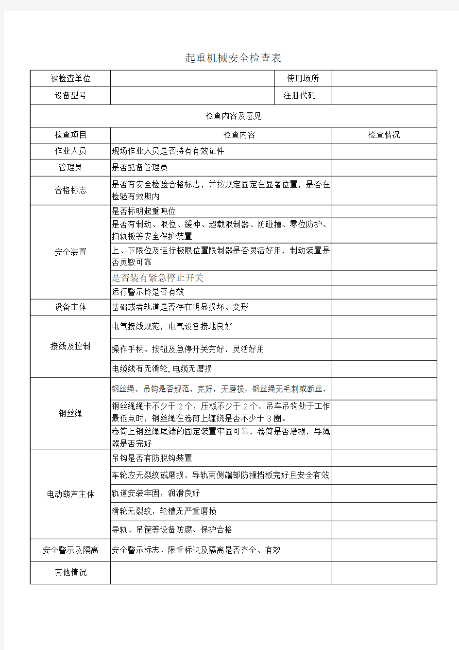 起重机械安全检查表