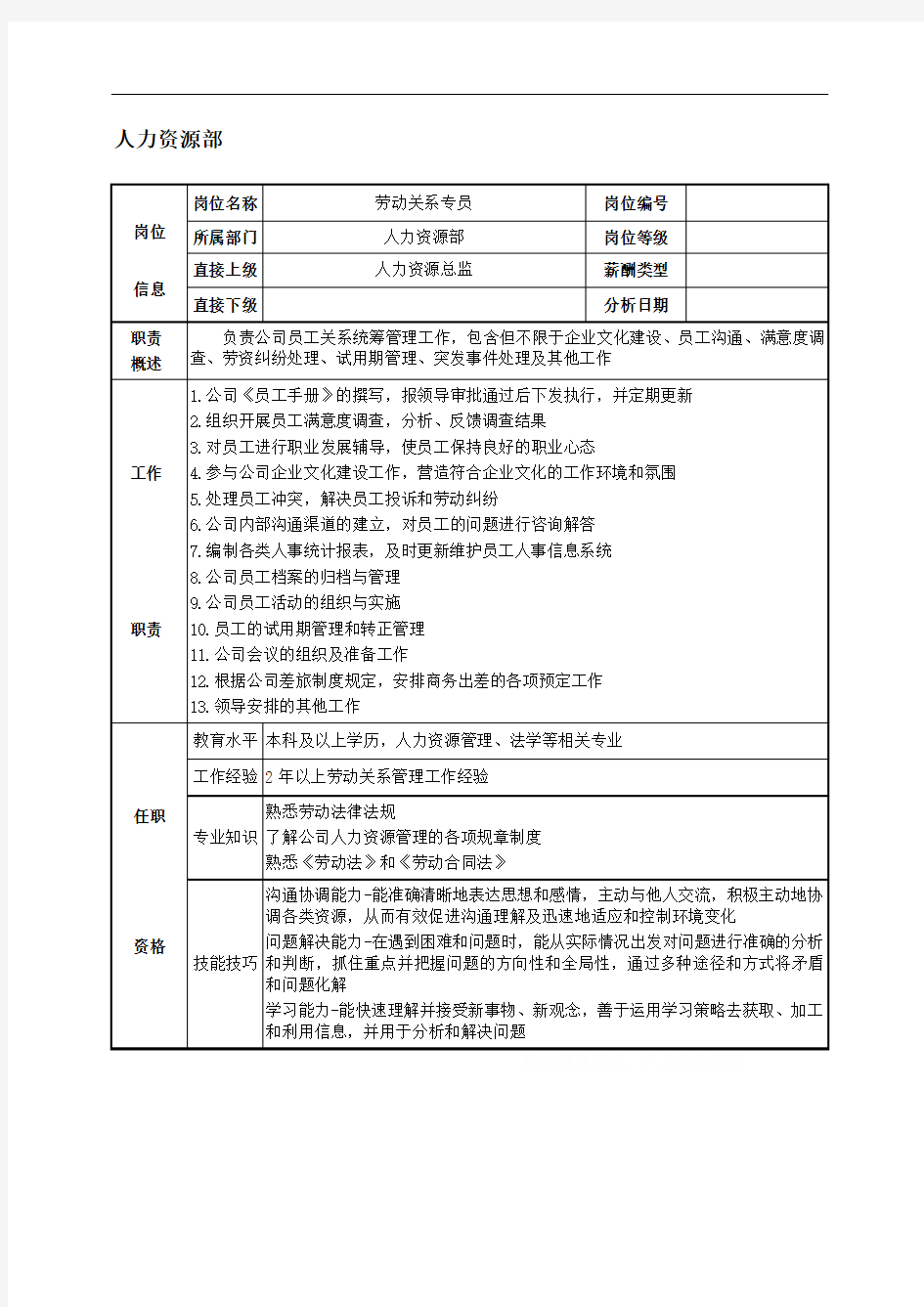 人力资源劳动关系专员