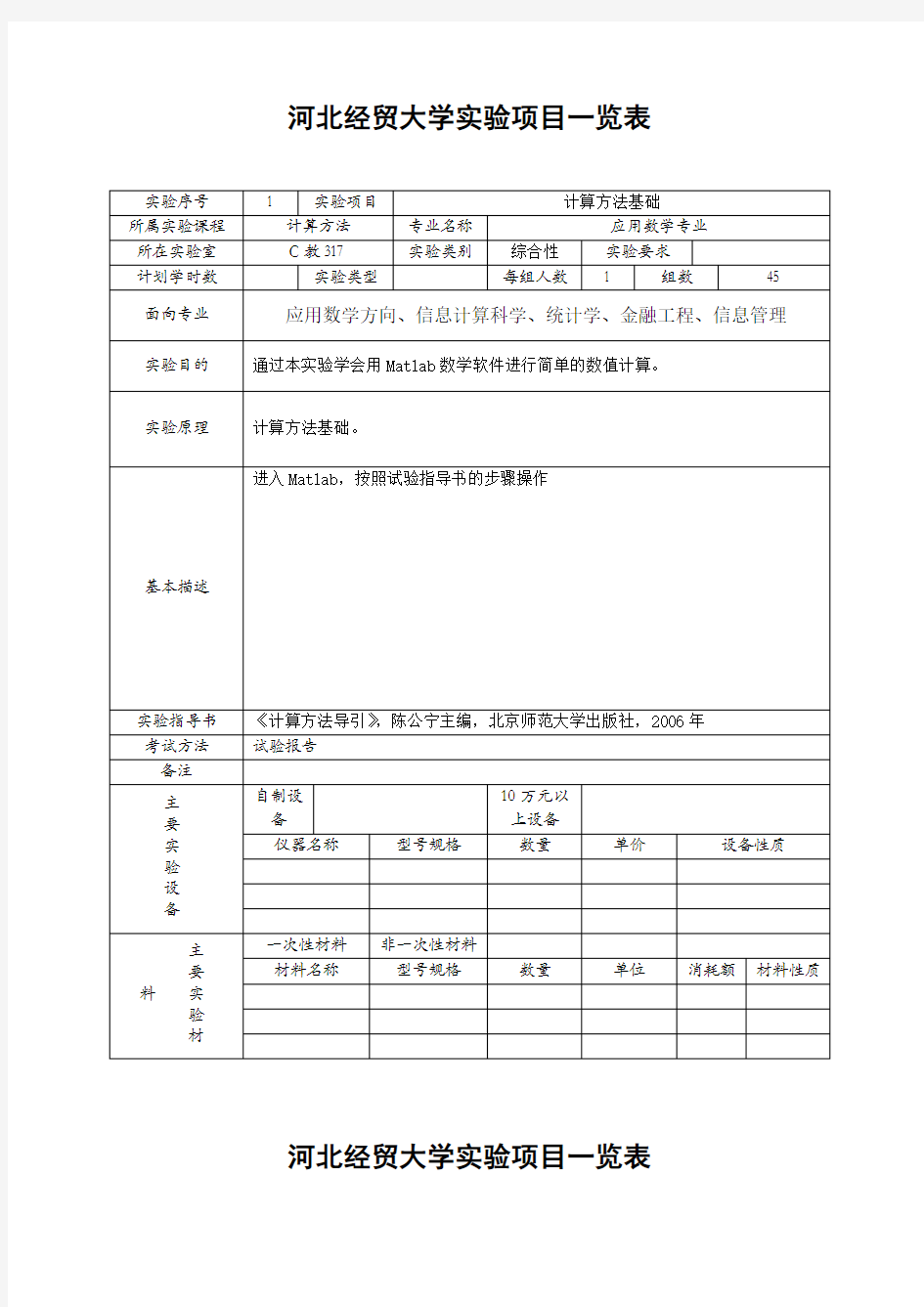 河北经贸大学实验项目一览表