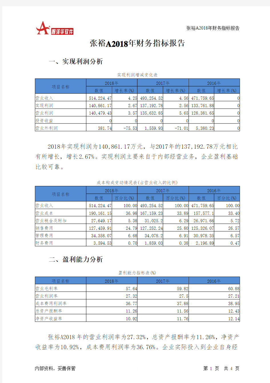 张裕A2018年财务指标报告-智泽华