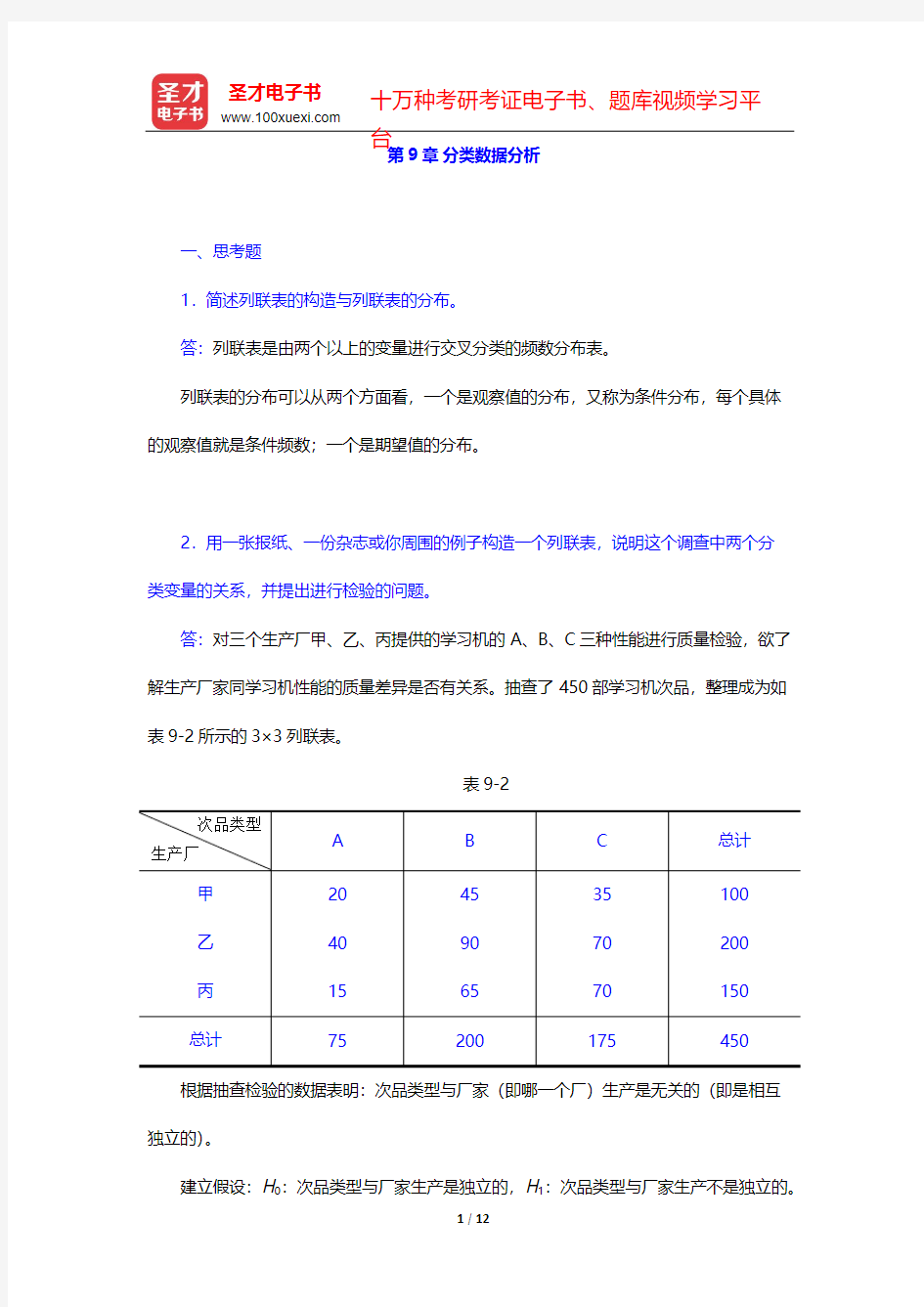 贾俊平《统计学》(第5版)课后习题-第9章 分类数据分析【圣才出品】