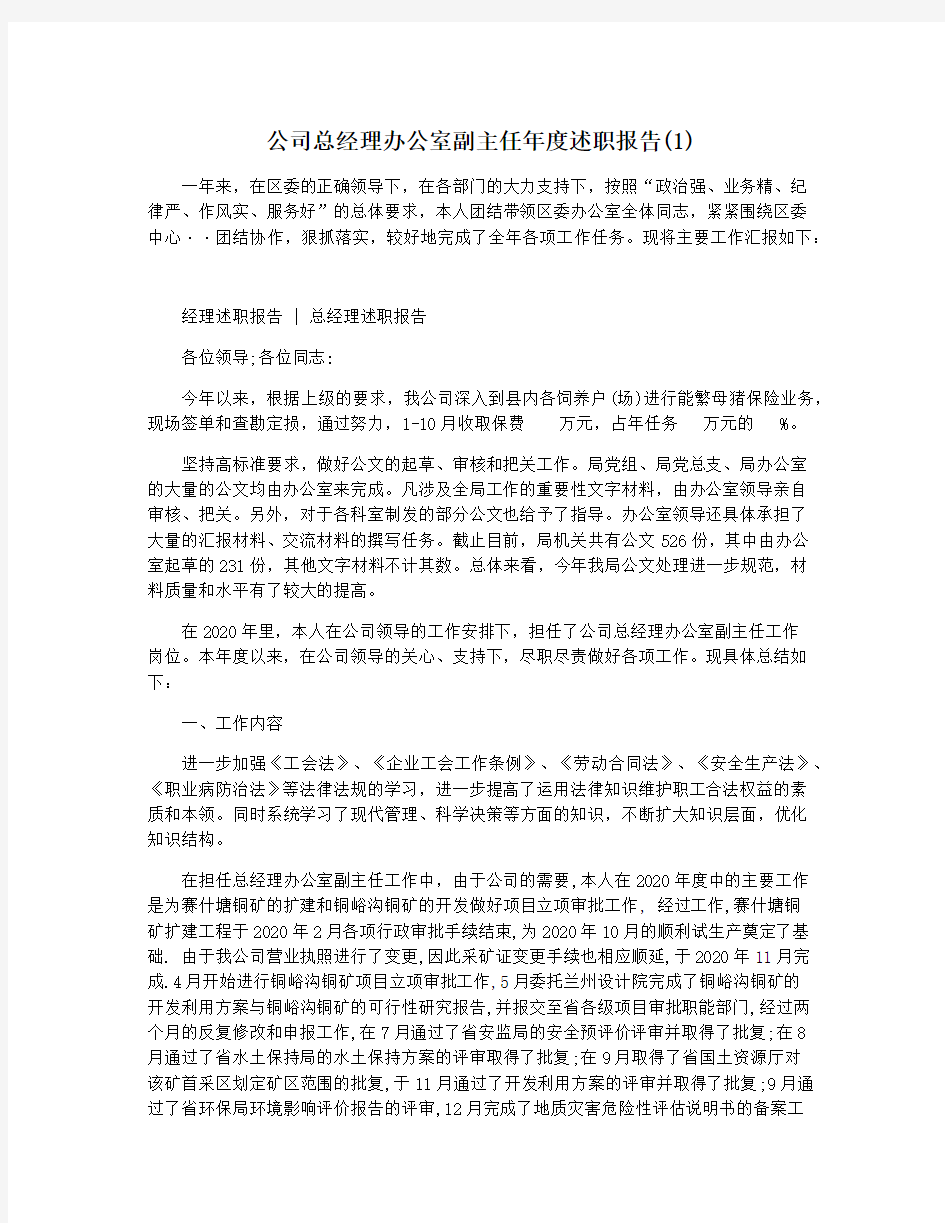 公司总经理办公室副主任年度述职报告(1)