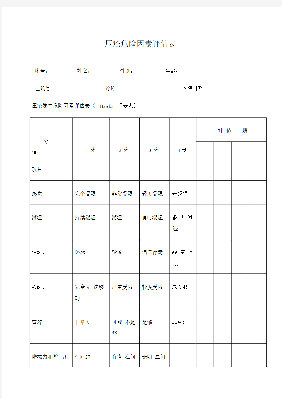 压疮危险因素评估标准表格.doc