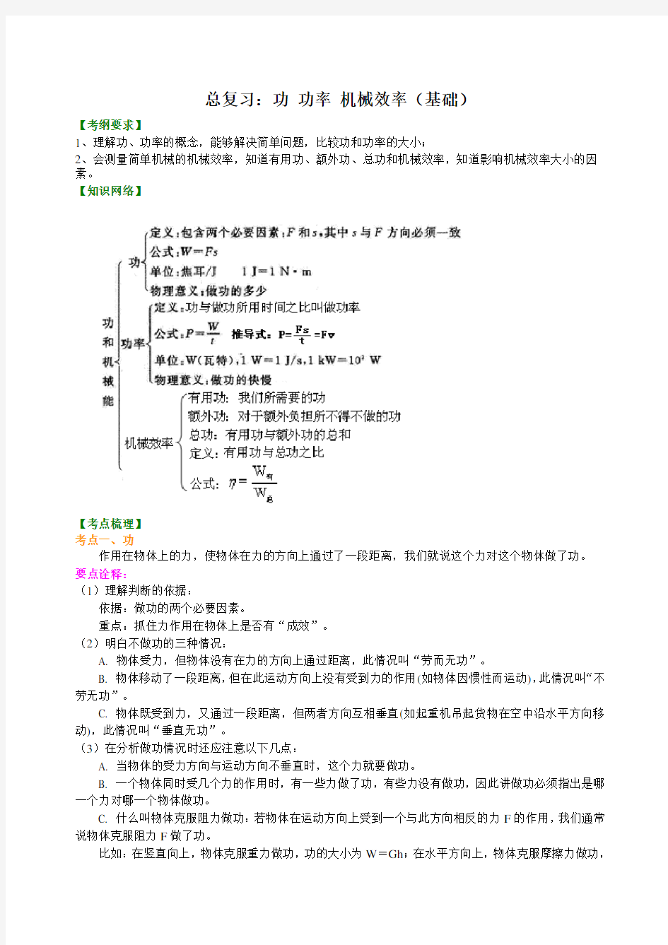 功 功率 机械效率(基础)知识讲解