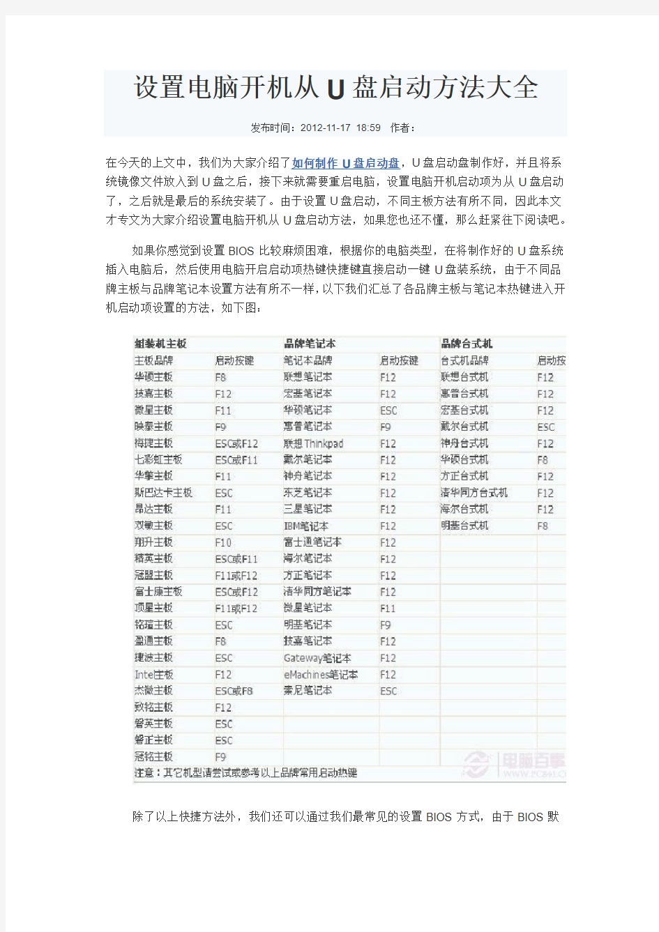 设置电脑开机从U盘启动方法大全