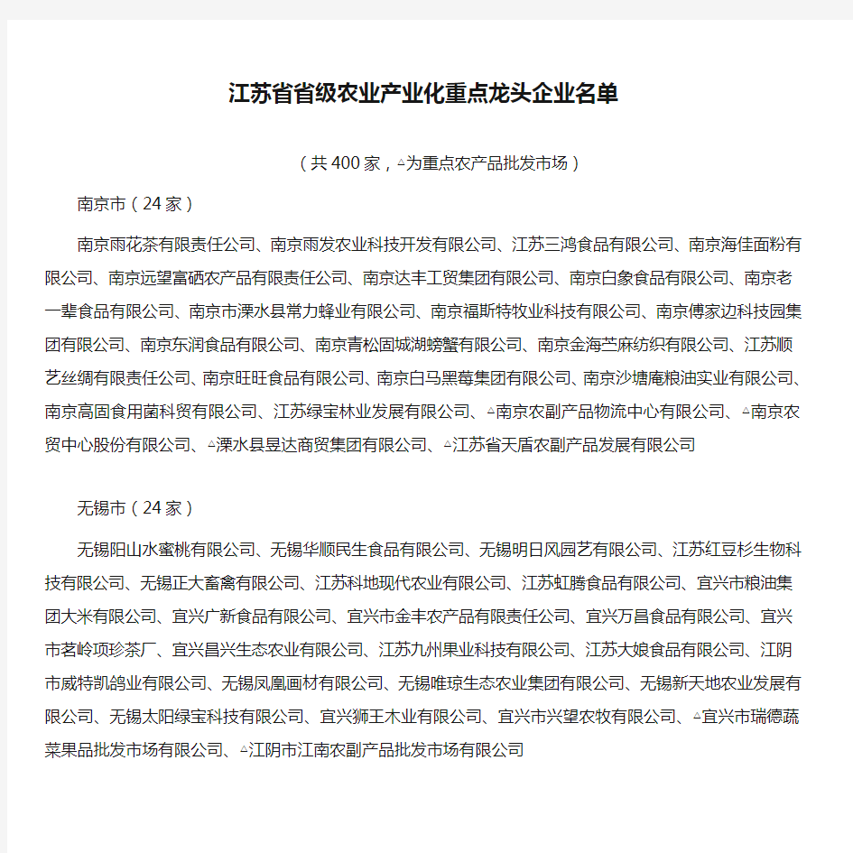 江苏省省级农业产业化重点龙头企业名单