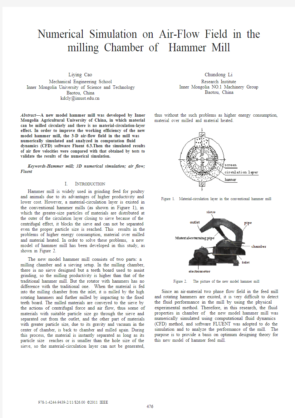 Numerical simulation on air-flow field in the millingchamber of hammer mill