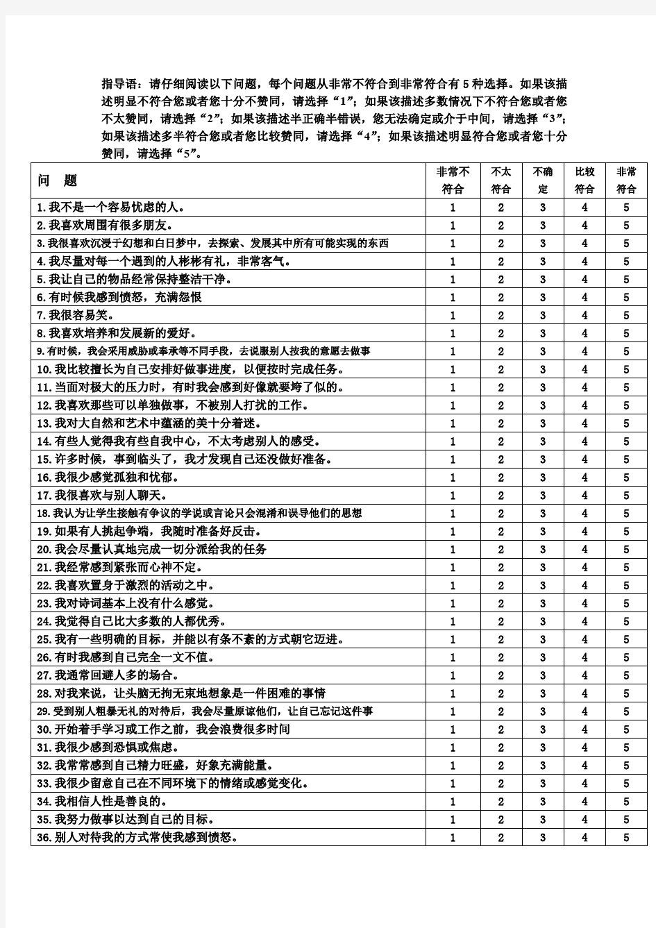 大五人格量表及评分标准