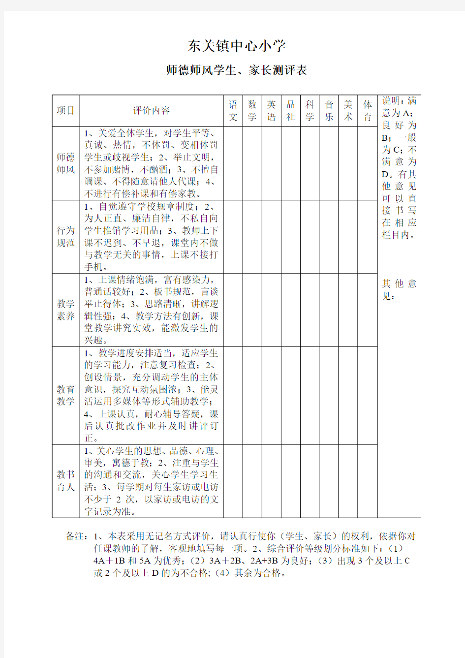 师德师风家长测评表