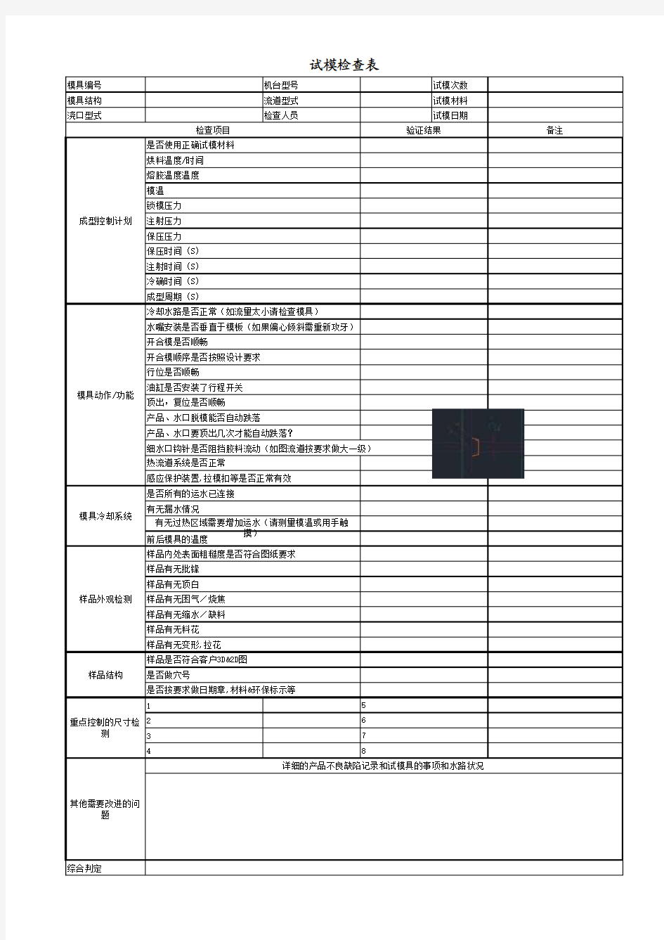 出口模具试模检查表