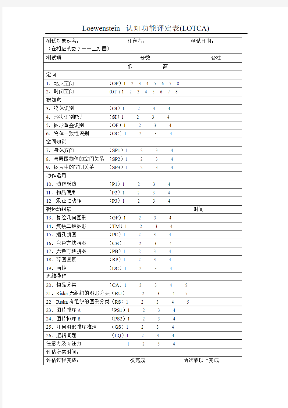 Loewenstein 认知功能评定表(LOTCA)