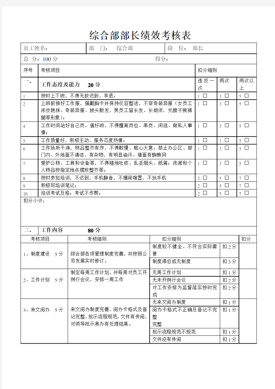 综合部部长绩效考核表