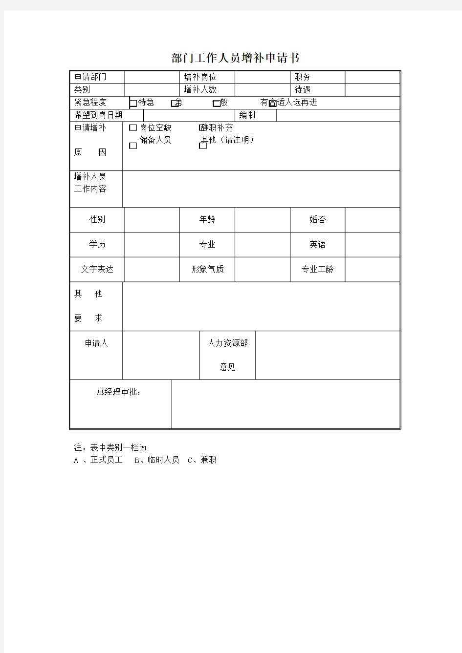 部门工作人员增补申请书