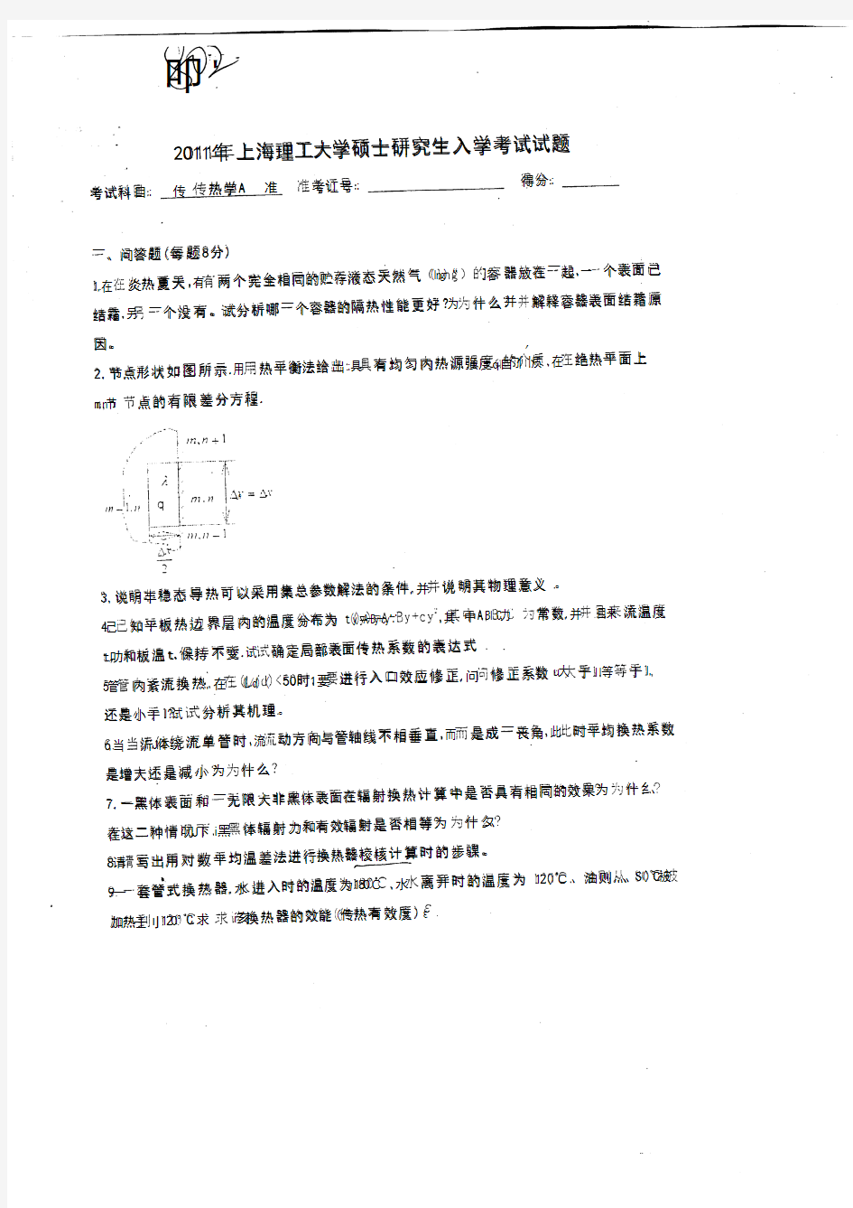 上海理工大学硕士研究生入学考试真题802传热学A