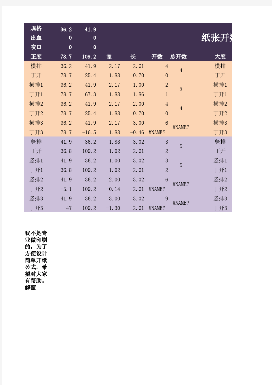 印刷纸张开数计算公式