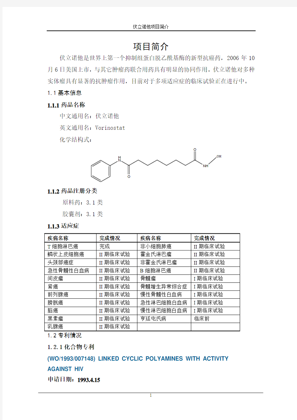 伏立诺他项目简介