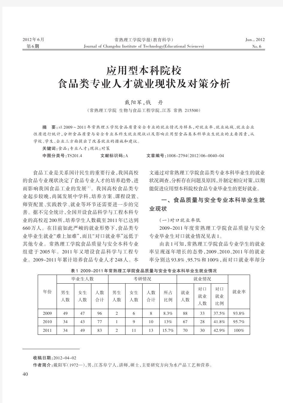 应用型本科院校食品类专业人才就业现状及对策分析