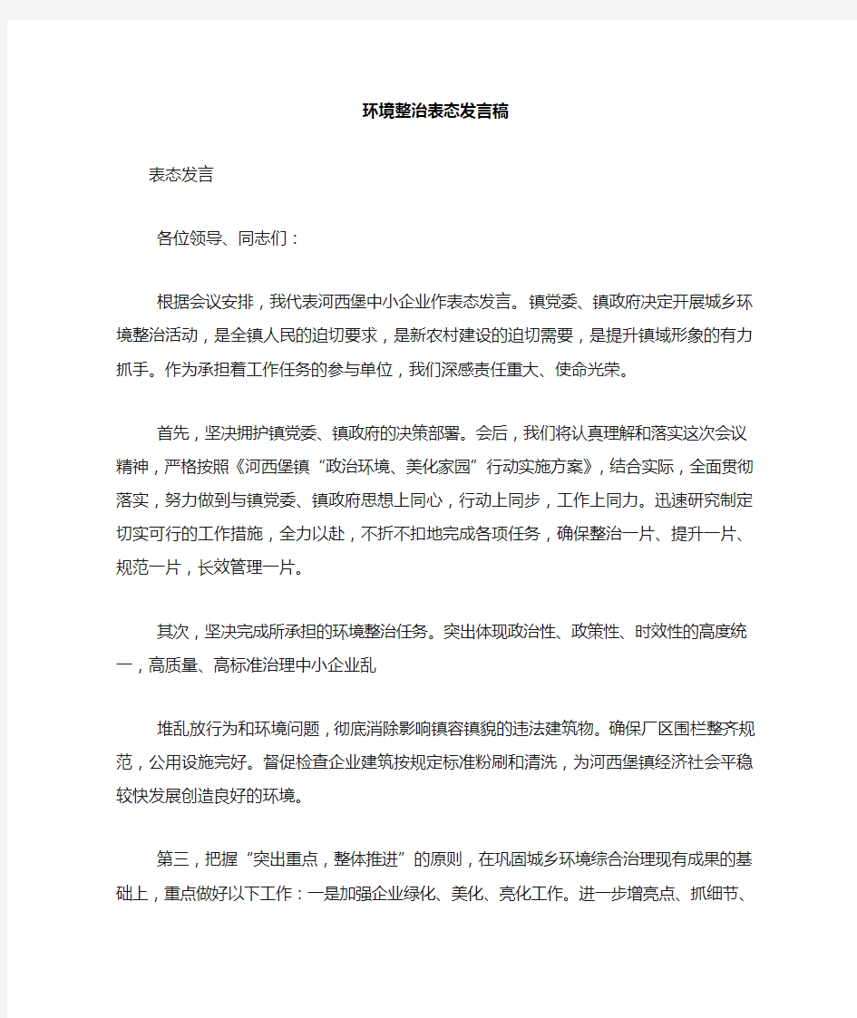 环境整治表态发言稿子