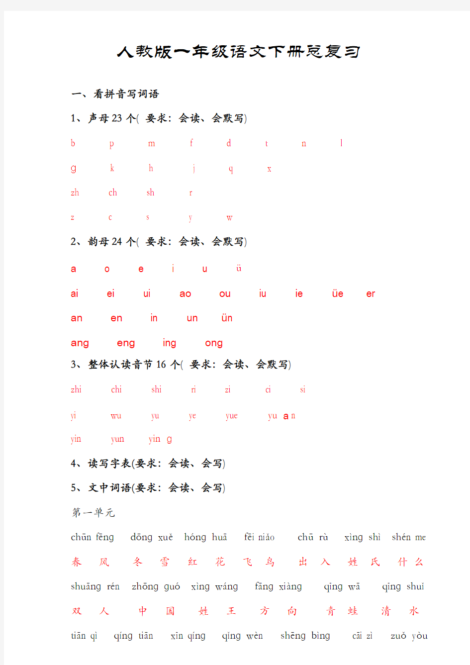 人教版一年级语文下册总复习资料