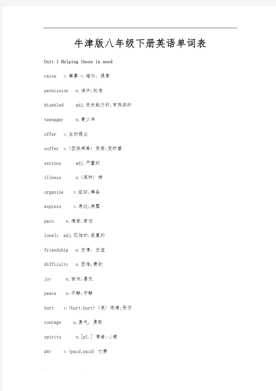 上海牛津版八年级(下册)英语单词表