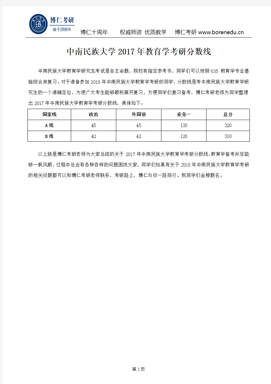 中南民族大学2017年教育学考研分数线