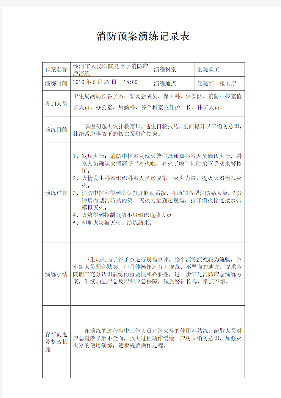 2016医院消防演练记录