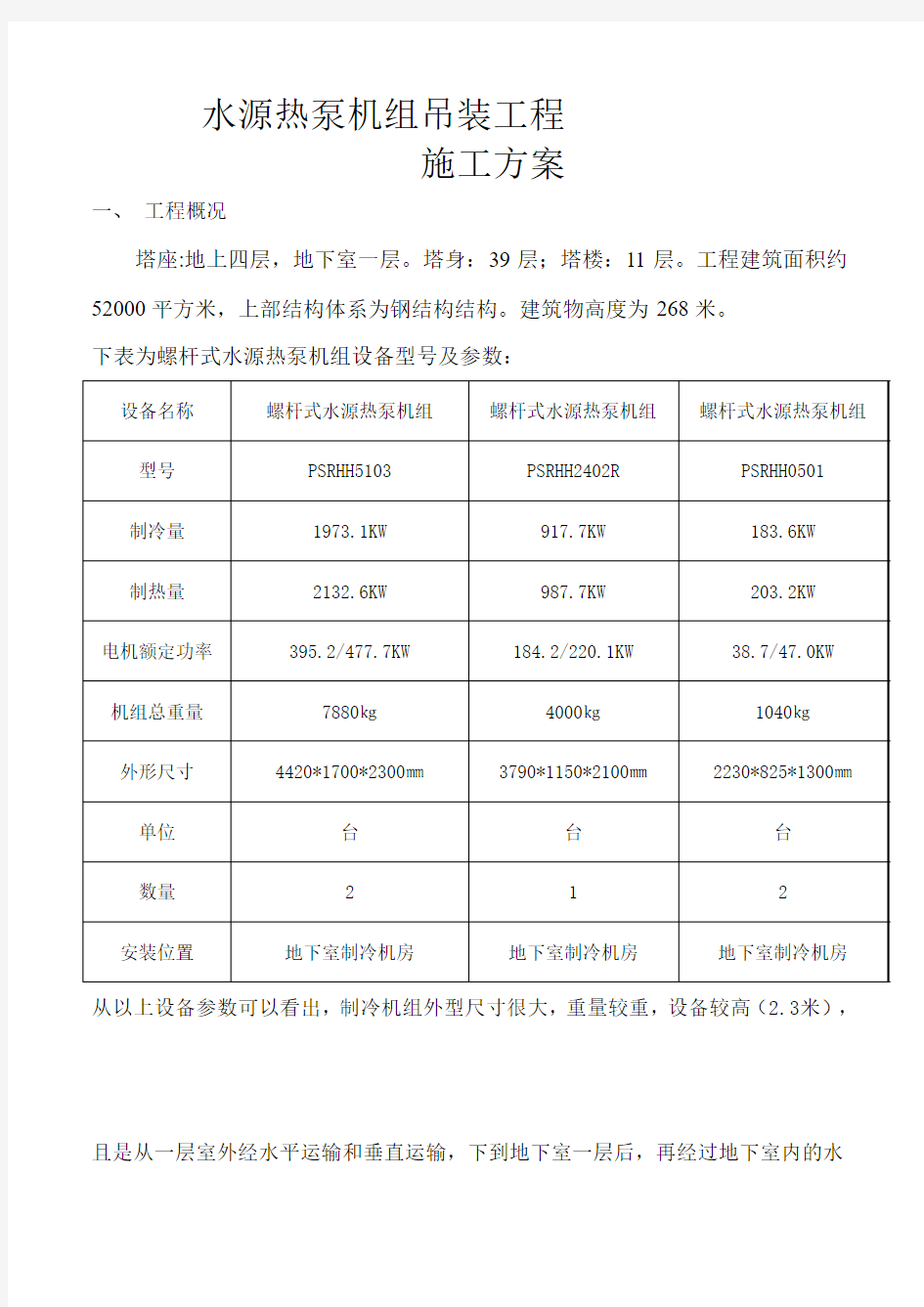 制冷机组吊装方案..