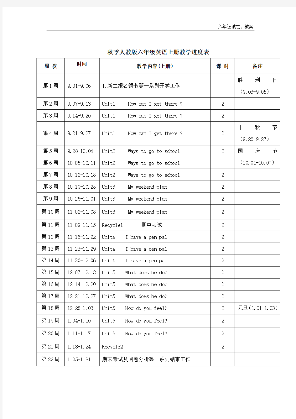 秋季人教版六年级英语上册教学进度表