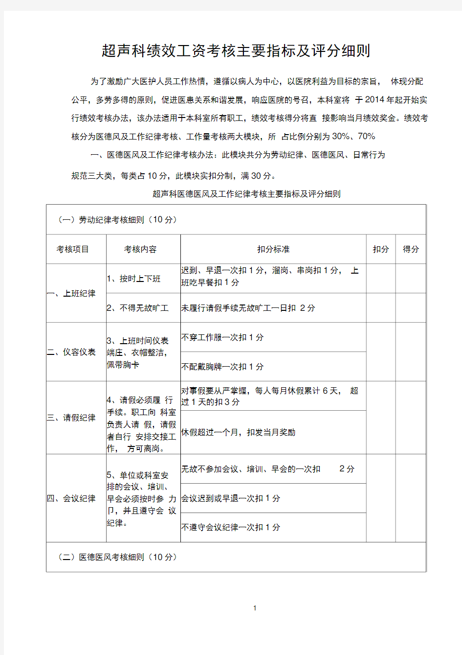 超声科绩效工资考核主要指标及评分细则