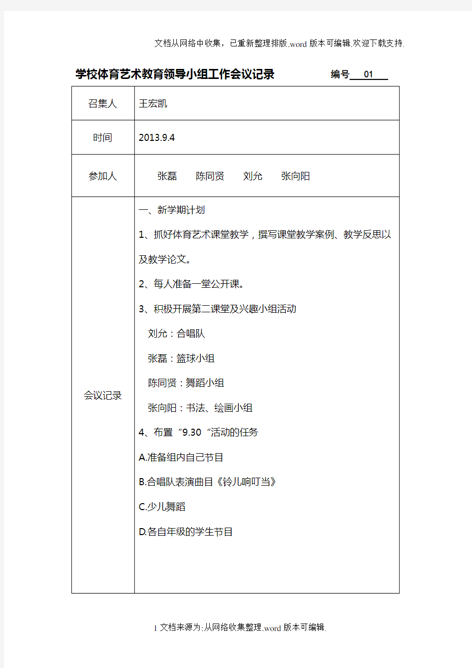 学校艺术教育领导小组工作会议记录