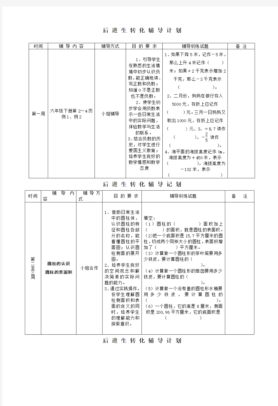 后进生转化辅导计划教案