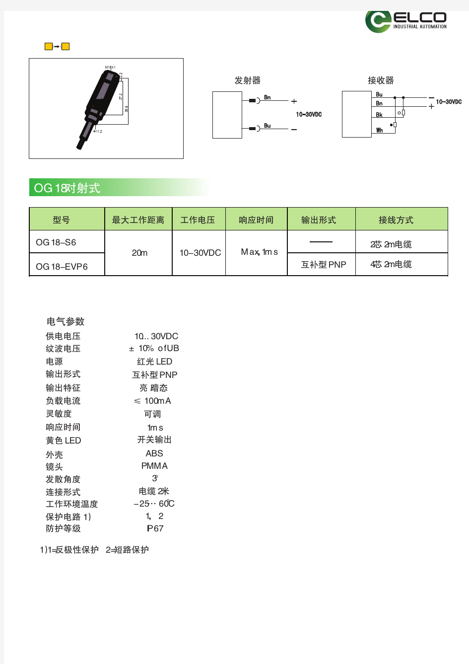 OG18-EVP6对射式光电传感器技术参数表