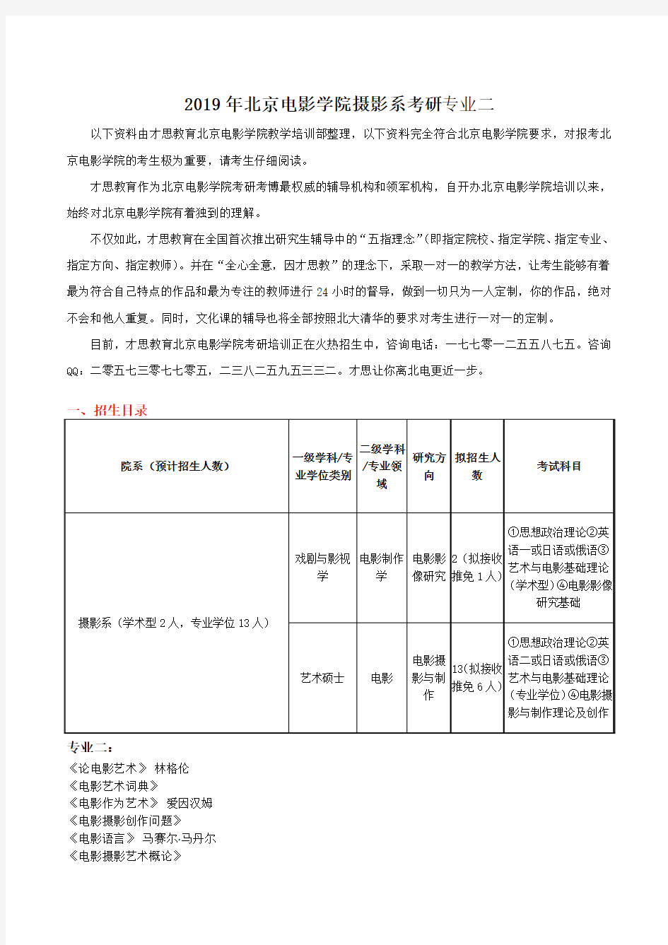 2019年北京电影学院摄影系考研专业二