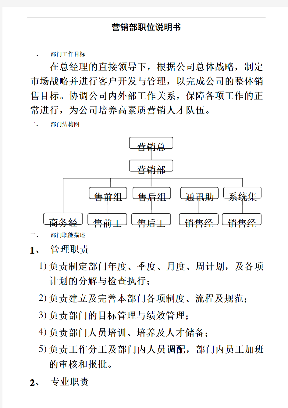 软件企业营销部岗位说明书