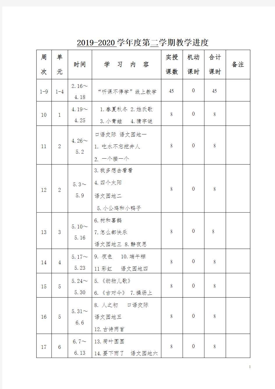 一年级教学进度表