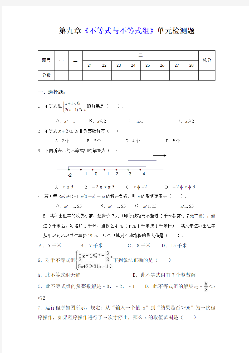 人教版七年级数学下册第九章《不等式与不等式组》单元测试题(含答案)