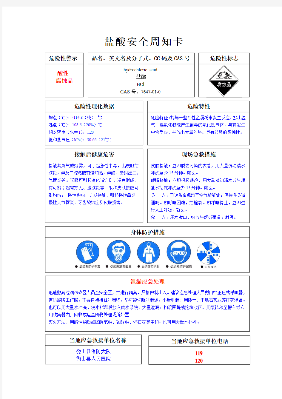 盐酸安全周知卡