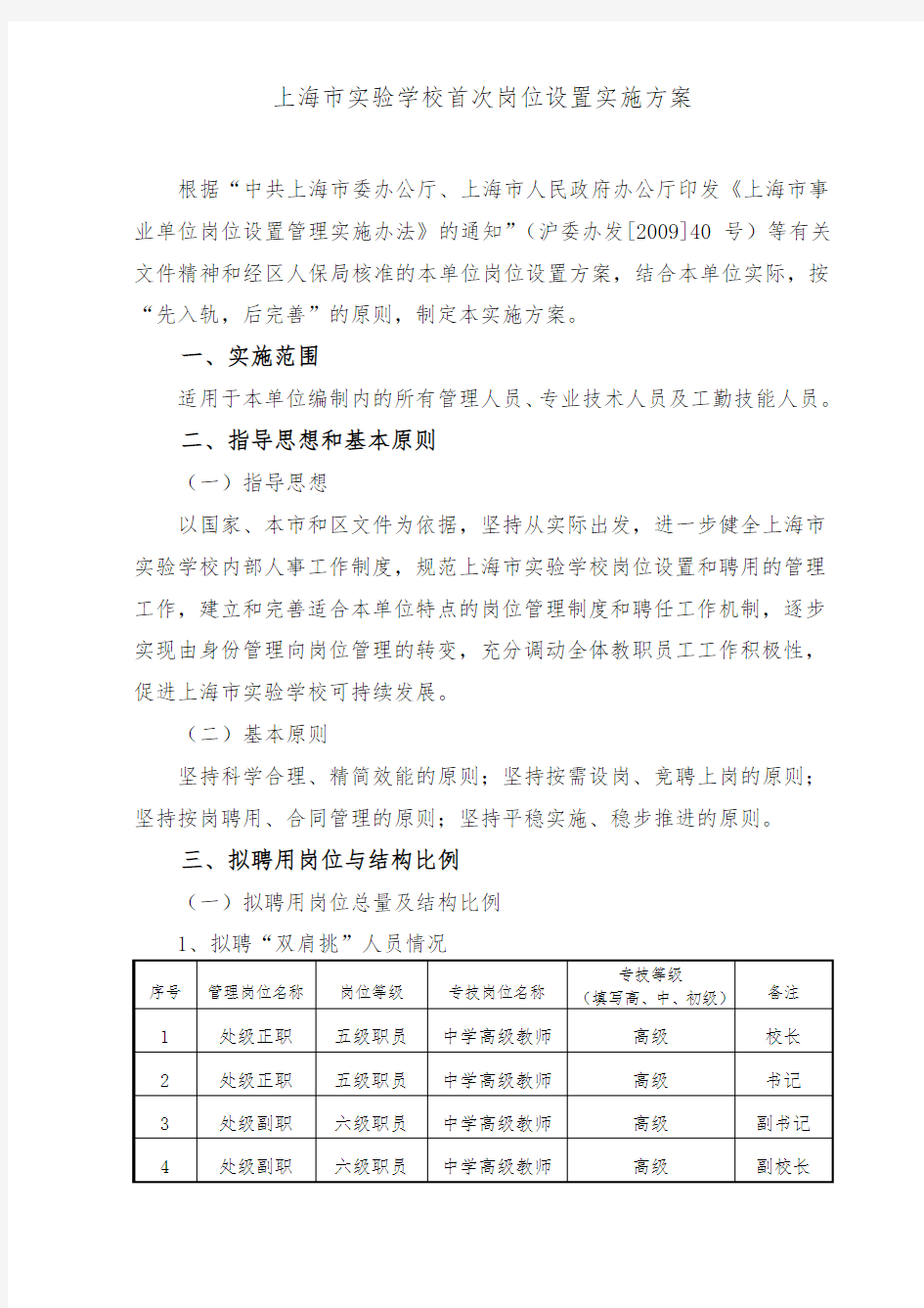 上海市实验学校首次岗位设置实施方案 .doc