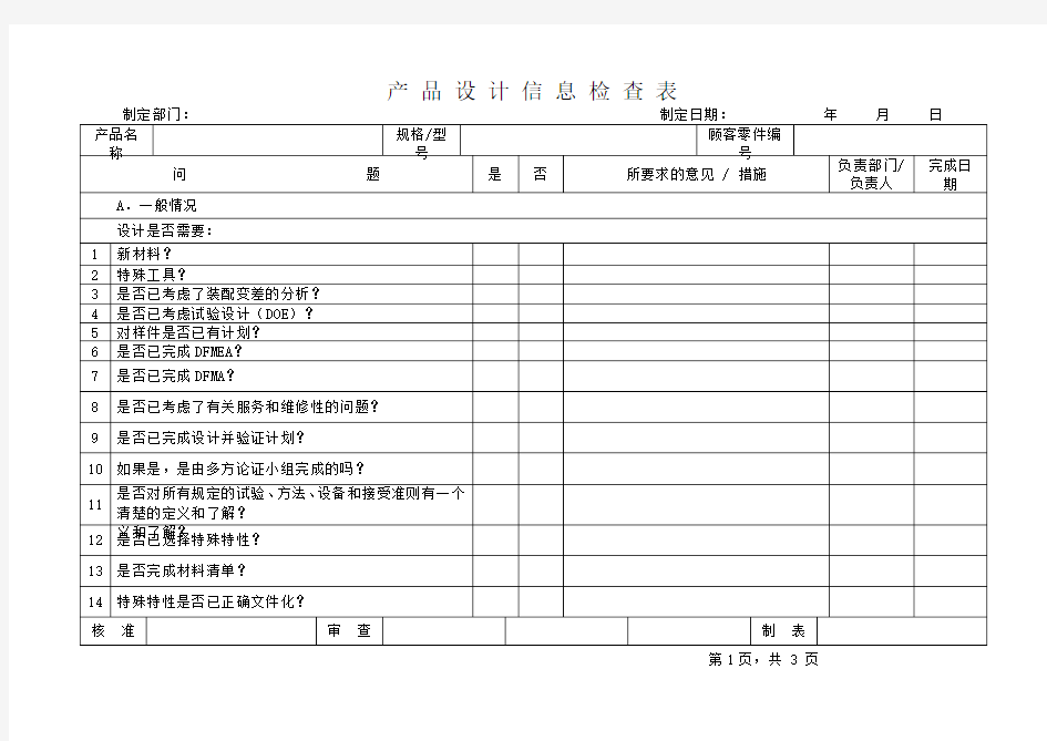 产品设计信息检查表模板