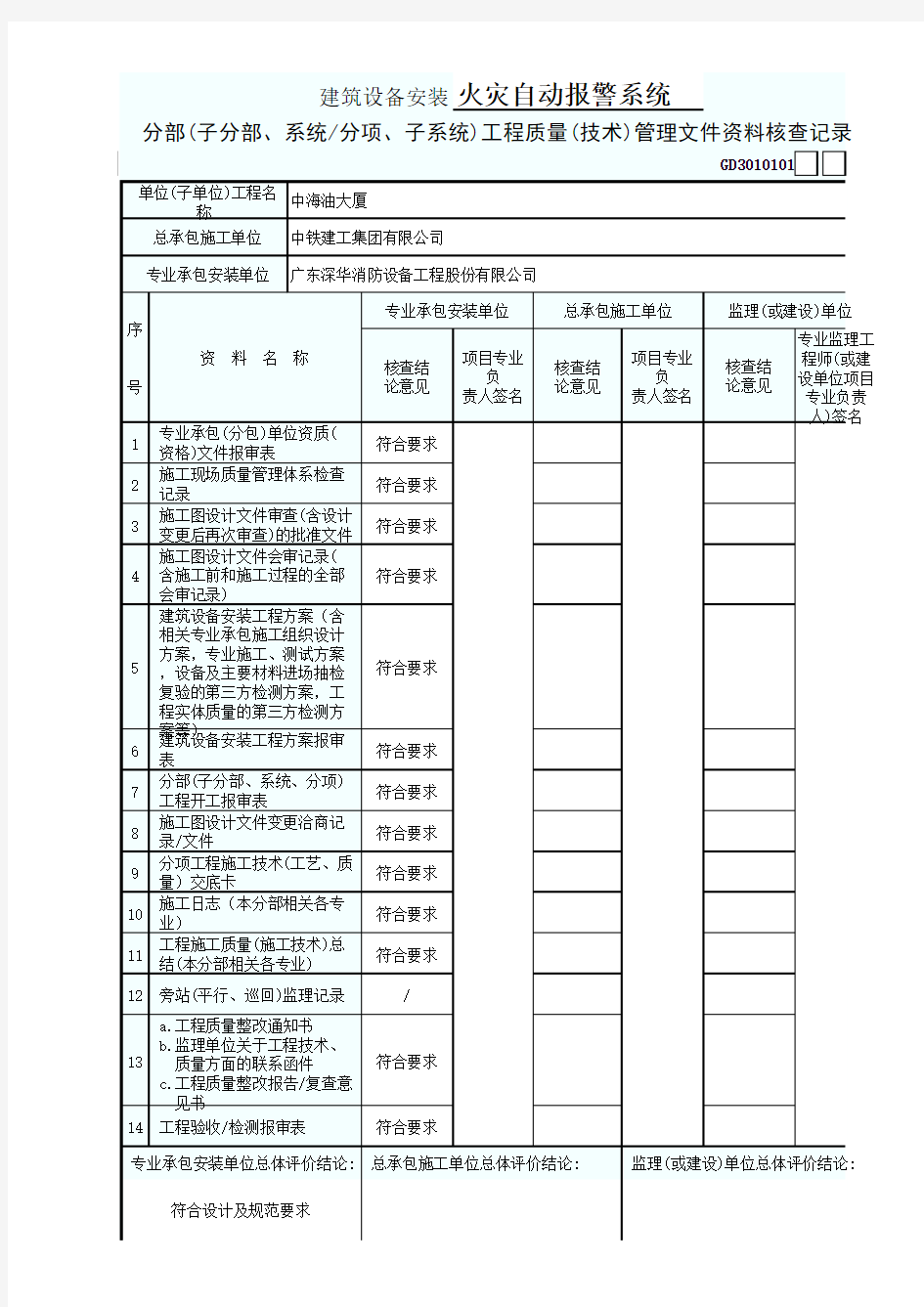 工程质量(技术)管理文件资料核查记录