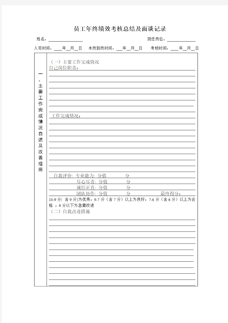 员工年终绩效考核总结及面谈记录表