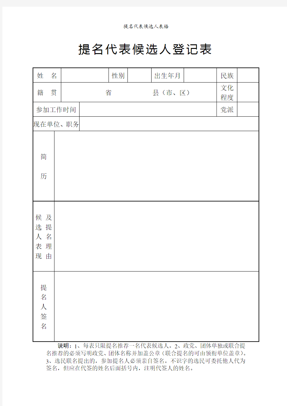 提名代表候选人表格