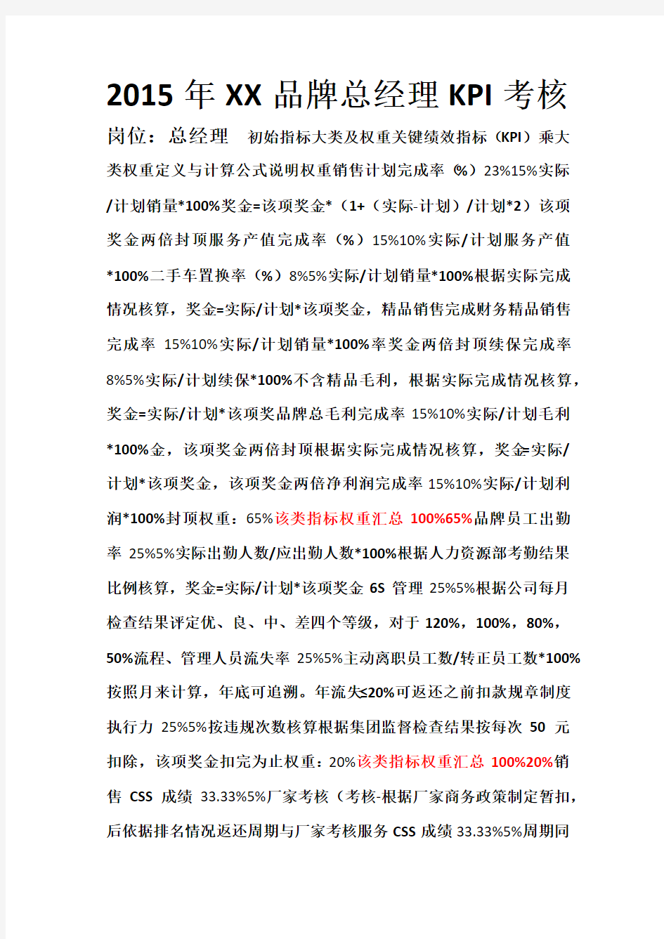 4S店总经理绩效考核方案