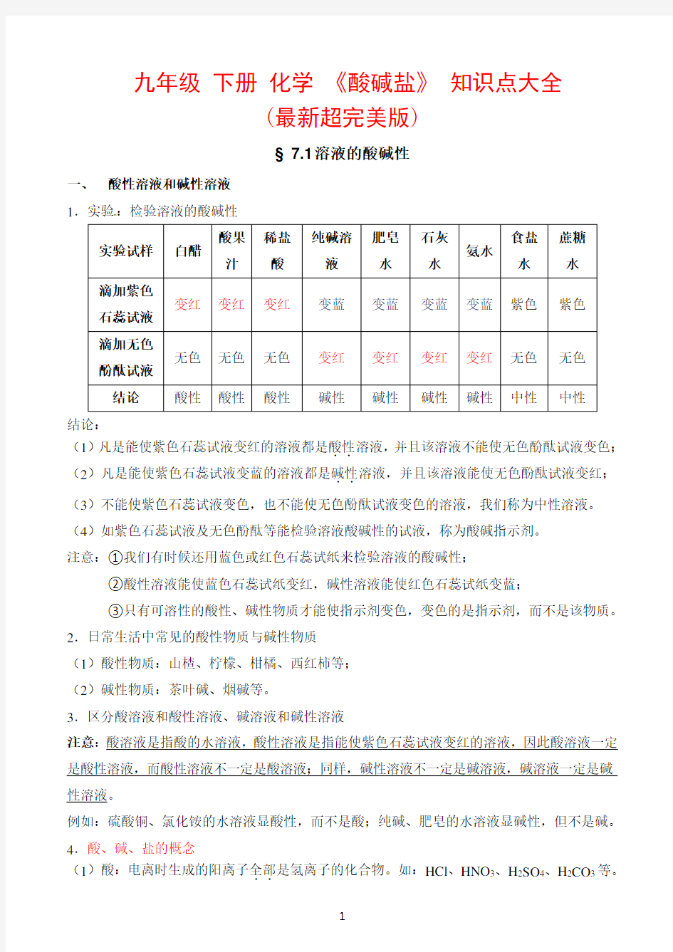 九年级下册化学《酸碱盐》知识点大全   (最新超完美版)