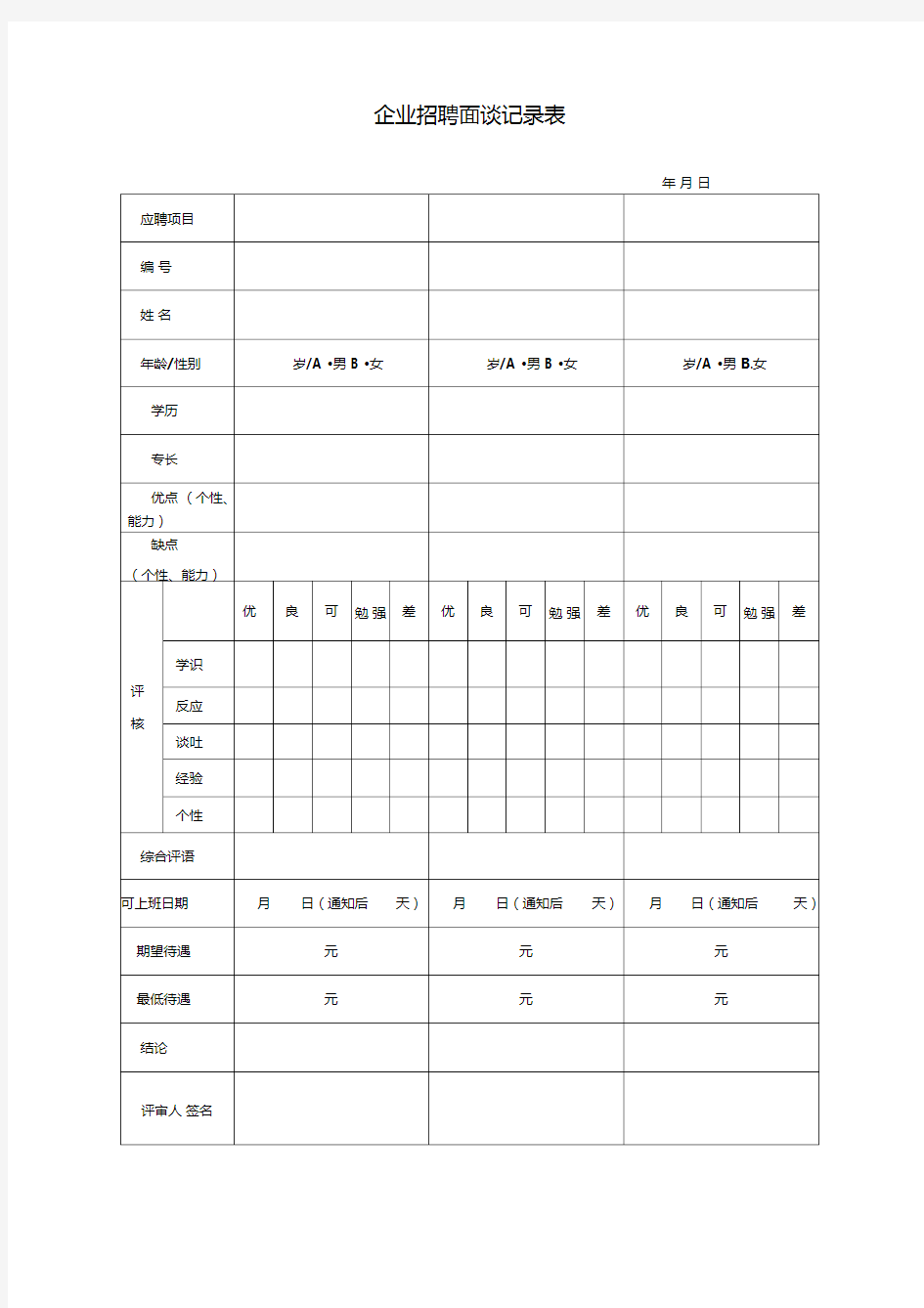 企业招聘面谈记录表格