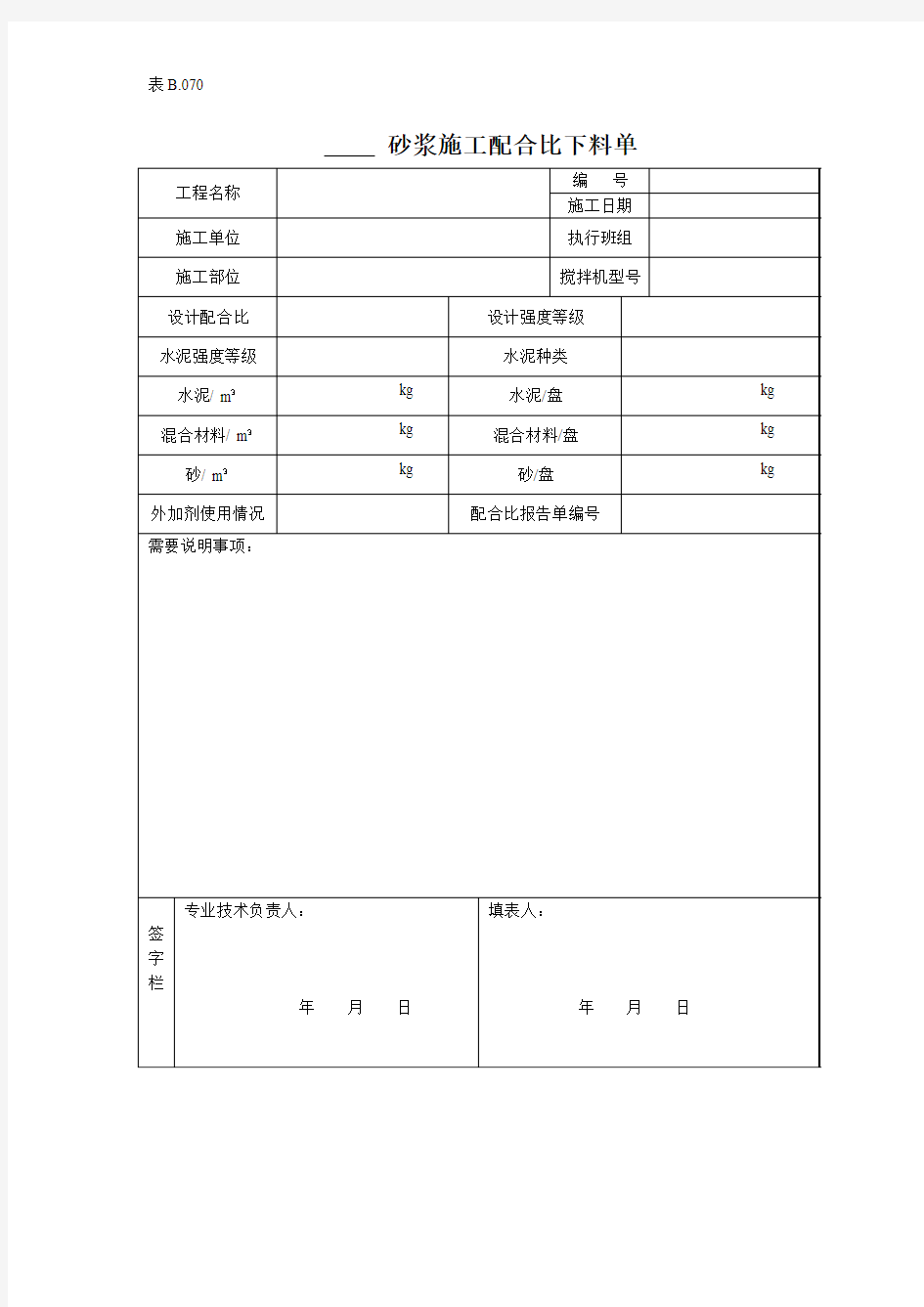 砂浆施工配合比下料单