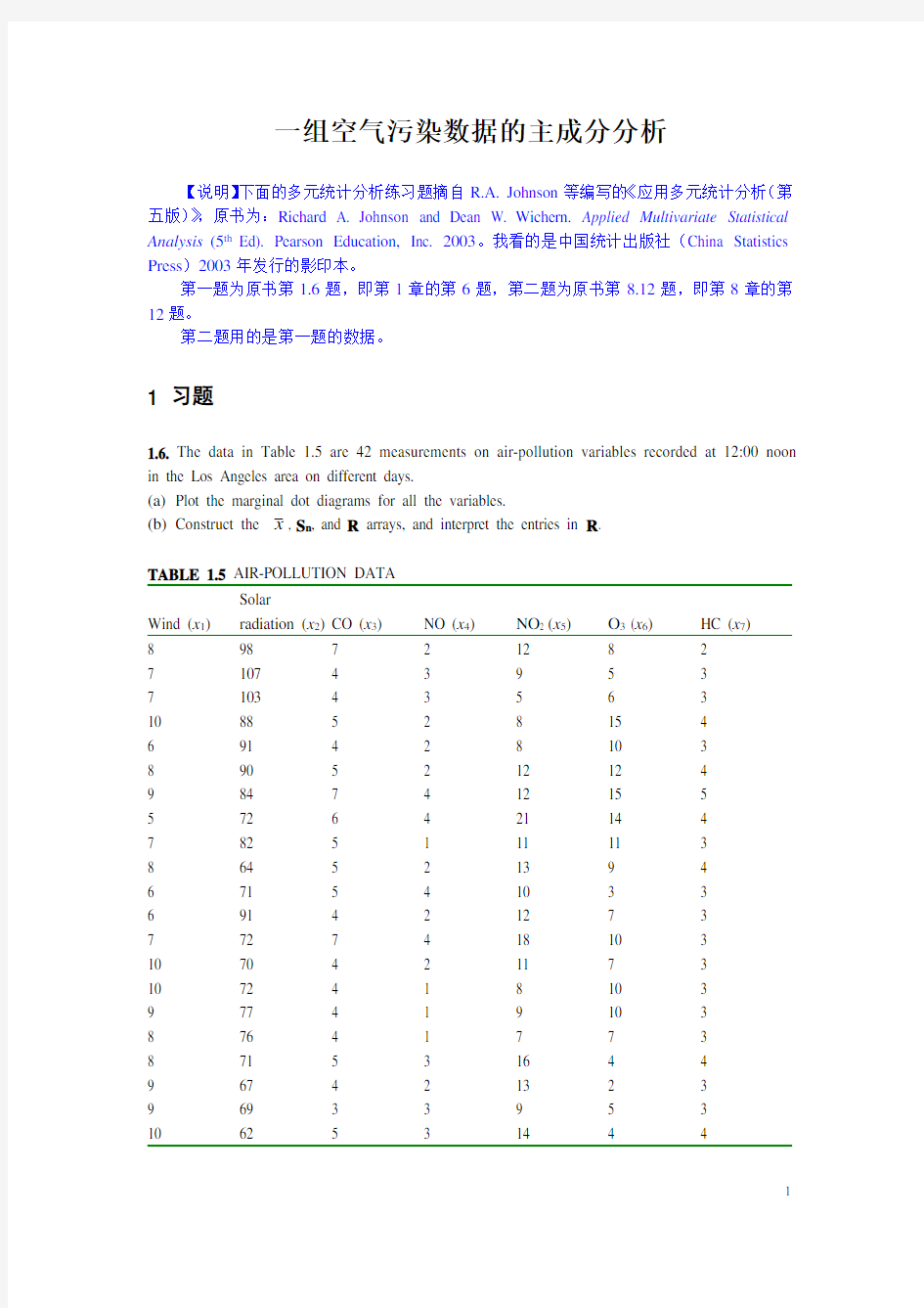 一组空气污染数据的主成分分析