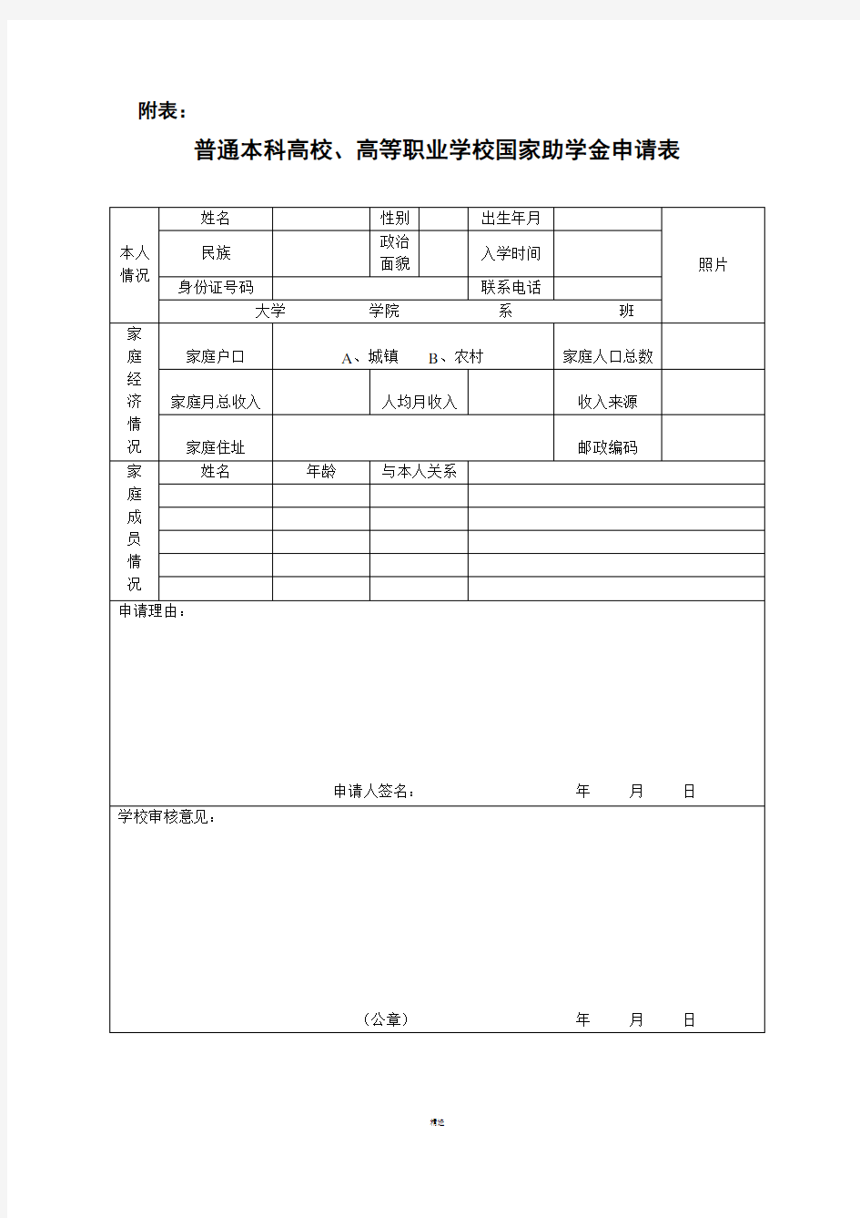 全国高校助学金申请表