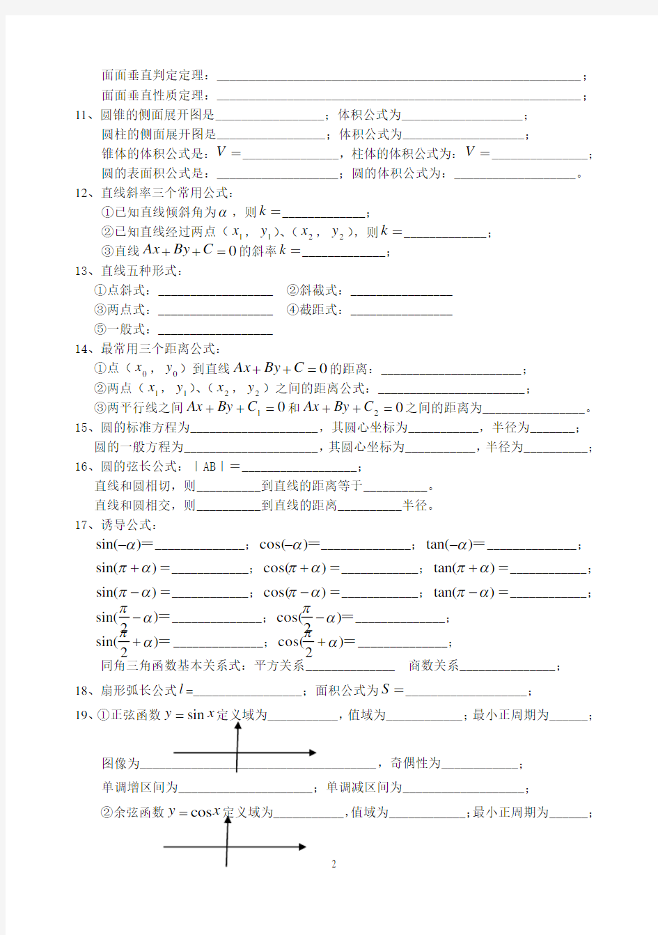 高中数学学业水平必背公式定理知识点默写